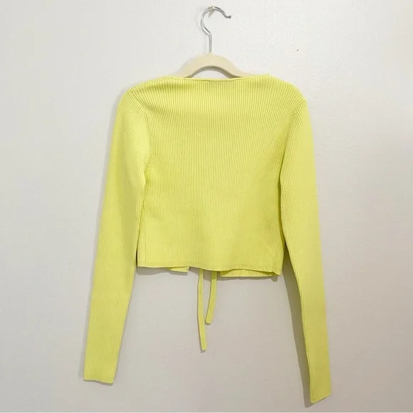 Zara Rib Knit Cropped Front Tie Cardigan Yellow Lime Green S - Picture 7 of 10